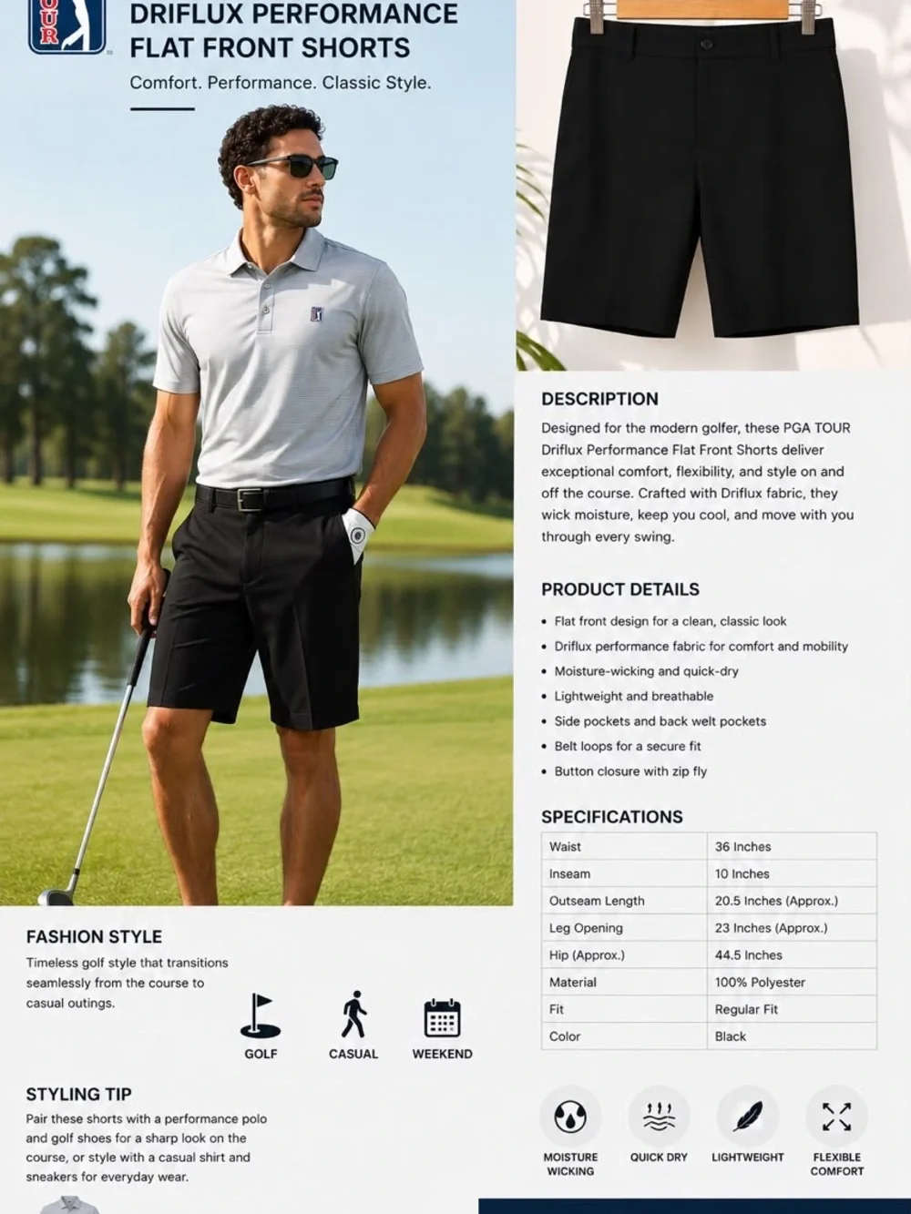 36W- PGA TOUR DRIFLUX PERFORMANCE FLAT FRONT PERFORMANCE/GOLF SHORTS